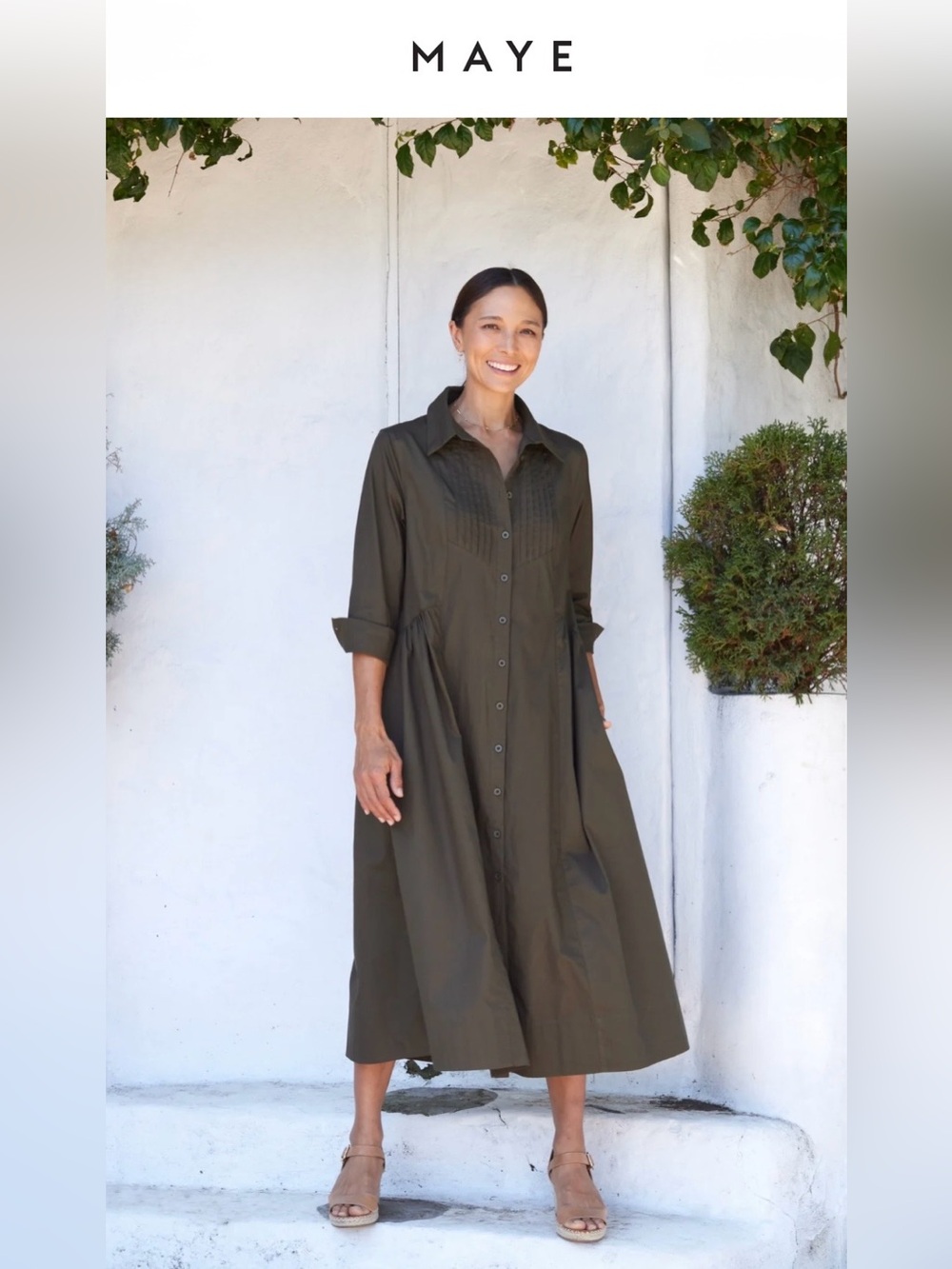 Maye Susie Khaki Green Cotton Poplin Button-Down Midi Shirtdress. Small/6